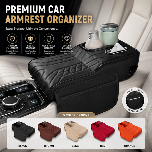 Car Armrest Console Cover with 2 Cup Holders & Storage