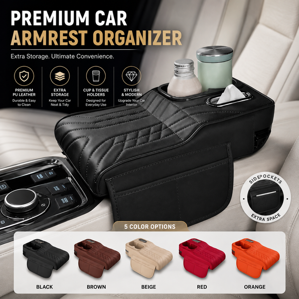 Car Armrest Console Cover with 2 Cup Holders & Storage