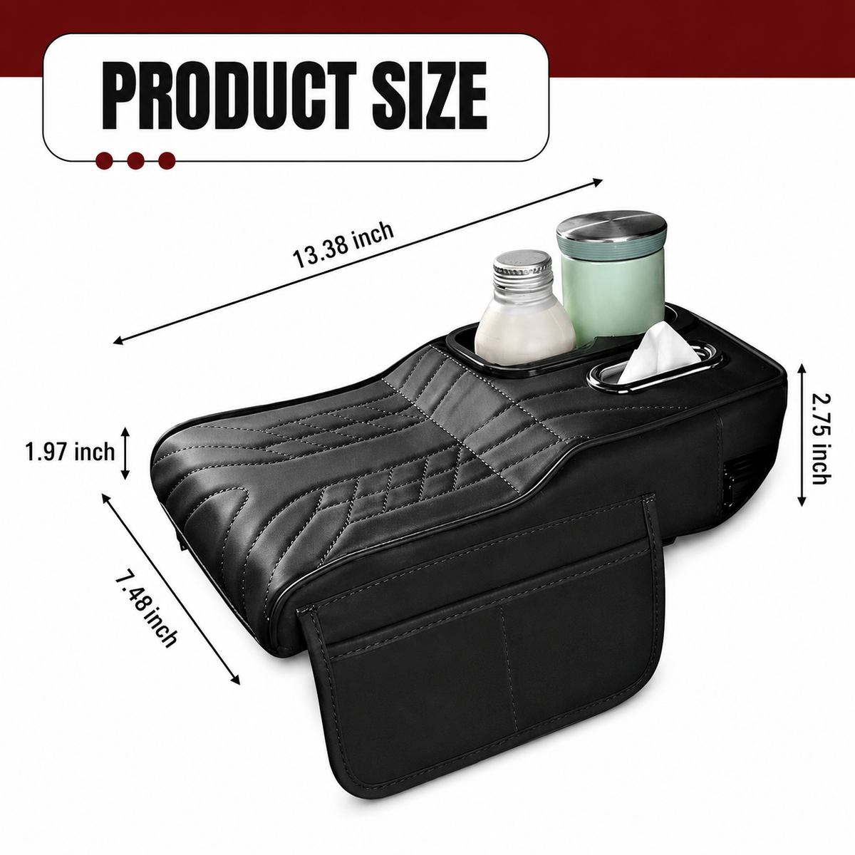 Car Armrest Console Cover with 2 Cup Holders & Storage